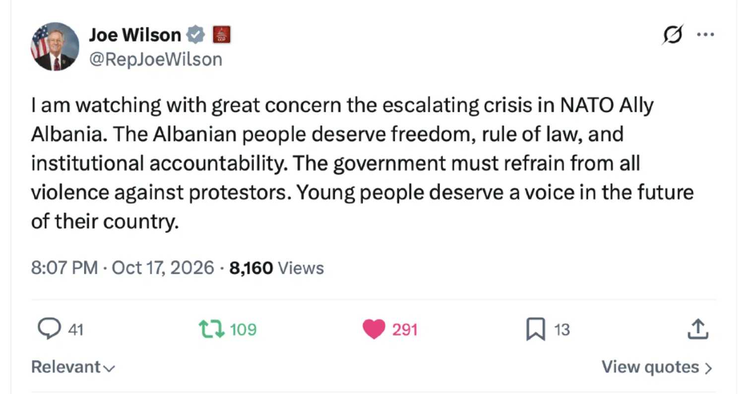 Kongresmeni amerikan Joe Wilson: Qeveria të mos përdorë dhunë ndaj protestuesve, të rinjtë meritojnë zë për të ardhmen e vendit